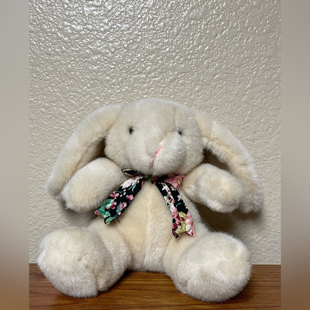 Manhattan Toy company 9” Cute  bunny rabbit Plush With multicolor floral ribbon